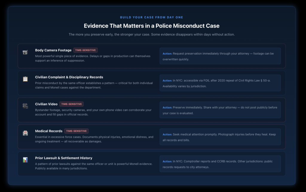 Five-item evidence checklist for police misconduct cases showing body camera footage, civilian complaint and disciplinary records, civilian video, medical records, and prior lawsuit history — each with a note on why it matters and how to preserve it.
