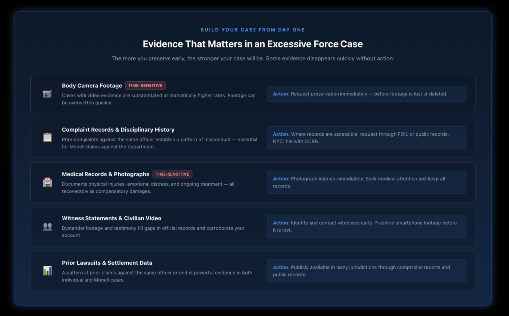 Five-item evidence checklist for excessive force cases showing body camera footage, civilian complaint and disciplinary records, medical records and photographs, witness statements and civilian video, and prior lawsuit and settlement data — each with a brief note on why it matters and how to preserve it.