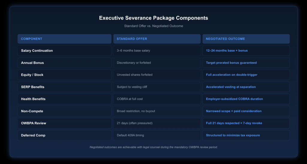Ranked infographic showing eight executive severance negotiation priorities from highest to lowest financial impact, with equity acceleration and unvested stock treatment ranked first, salary continuation duration second, annual bonus treatment third, deferred compensation coordination fourth, healthcare continuation fifth, SERP vesting acceleration sixth, non-compete consideration seventh, and outplacement services eighth, with relative value bars showing comparative importance.