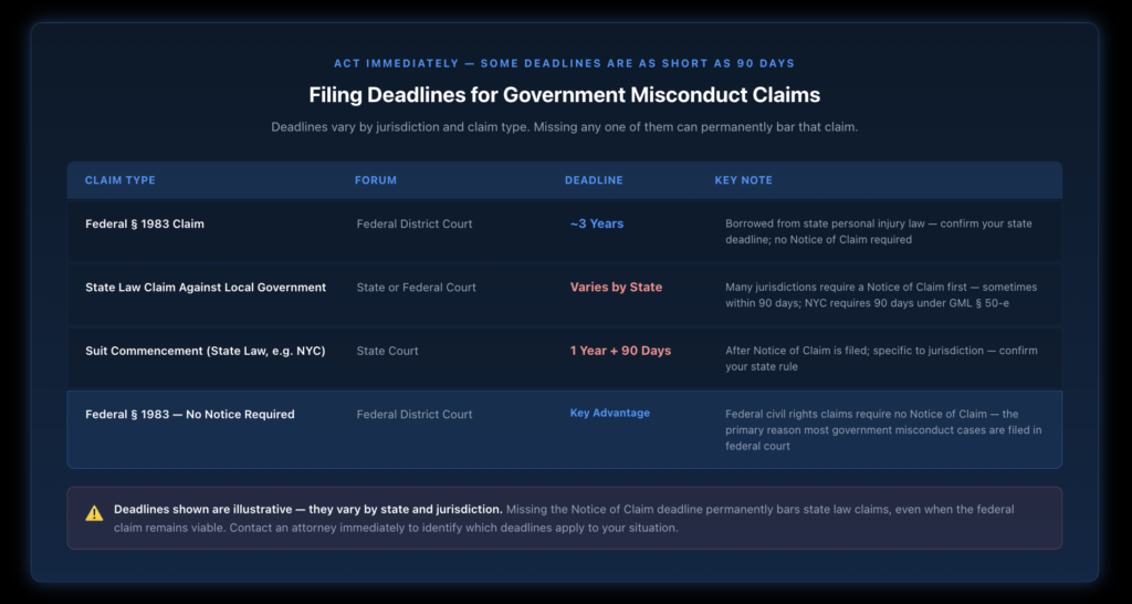 Table showing government misconduct filing deadlines across key claim types — federal Section 1983, state law claims against local government entities with Notice of Claim requirements, and the procedural advantage of federal court — with deadlines and key notes for each.