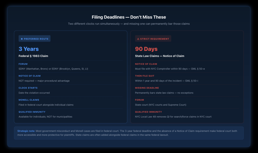 Filing deadline comparison for government misconduct claims — federal Section 1983 claims have a 3-year deadline with no Notice of Claim required filed in SDNY or EDNY, state law claims against NYC require a Notice of Claim within 90 days and a lawsuit within 1 year and 90 days, showing why federal court is the preferred venue for most government misconduct cases in New York.