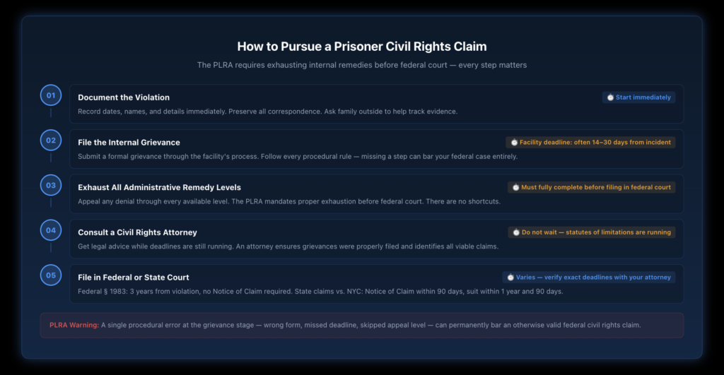 Five-step process for pursuing a prisoner civil rights claim in New York showing critical deadlines at each stage — step 1 document the violation immediately, step 2 file internal grievance within the facility's own short deadline often 14 to 30 days, step 3 exhaust all administrative remedy levels before federal court becomes available under the Prison Litigation Reform Act, step 4 consult an attorney before statutes of limitations run, step 5 file in federal court within 3 years for Section 1983 claims or file a Notice of Claim within 90 days for state law claims against New York City.