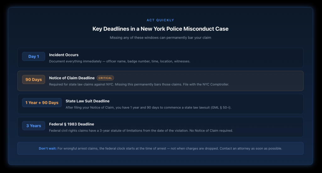 Timeline showing key deadlines in a New York police misconduct case: document the incident on day one, file a Notice of Claim within 90 days for state law claims against NYC, file suit within one year and 90 days on state claims, and file federal Section 1983 claims within three years of the violation.