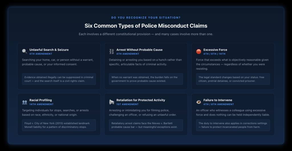 Six-card grid showing the most common police misconduct claim types — unlawful search and seizure, arrest without probable cause, excessive force, racial profiling, retaliation for protected activity, and failure to intervene — each with a brief description of the legal standard.