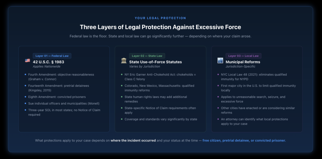 Three-column diagram showing the layered legal protections available in excessive force cases — federal Section 1983 and Graham v. Connor, state use-of-force statutes with New York's Anti-Chokehold Act as an example, and local reforms like NYC Local Law 48 eliminating qualified immunity — with key features of each layer.
