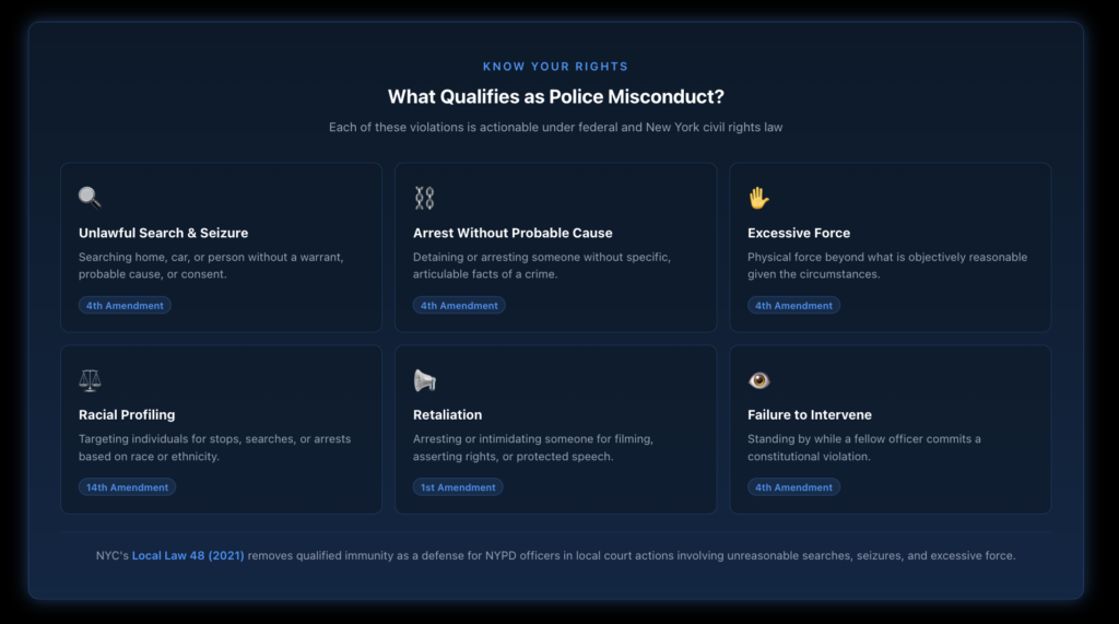 Infographic showing six categories of police misconduct in New York with applicable constitutional amendments: unlawful search and seizure under the Fourth Amendment, arrest without probable cause under the Fourth Amendment, excessive force under the Fourth Amendment, racial profiling under the Fourteenth Amendment, retaliation under the First Amendment, and failure to intervene under the Fourth Amendment.